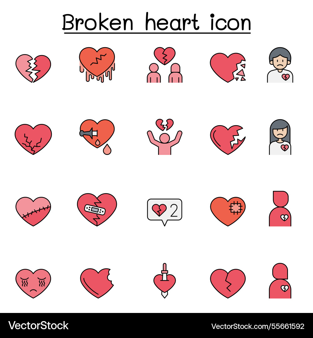 Broken heart heartbreak icon set in color line Broken heart heartbreak icon set in color line Vector Image