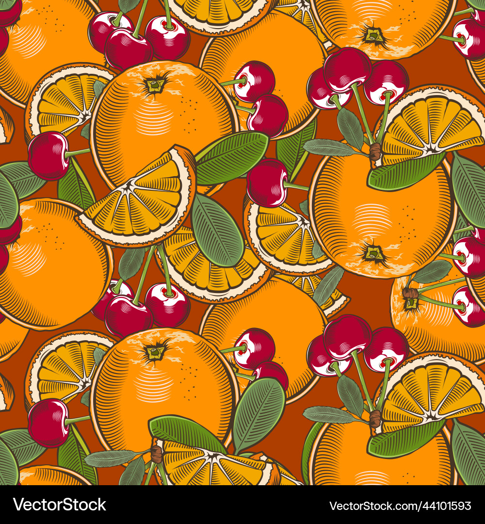 Colored seamless pattern with oranges and cherries Colored seamless pattern with oranges and cherries vector image