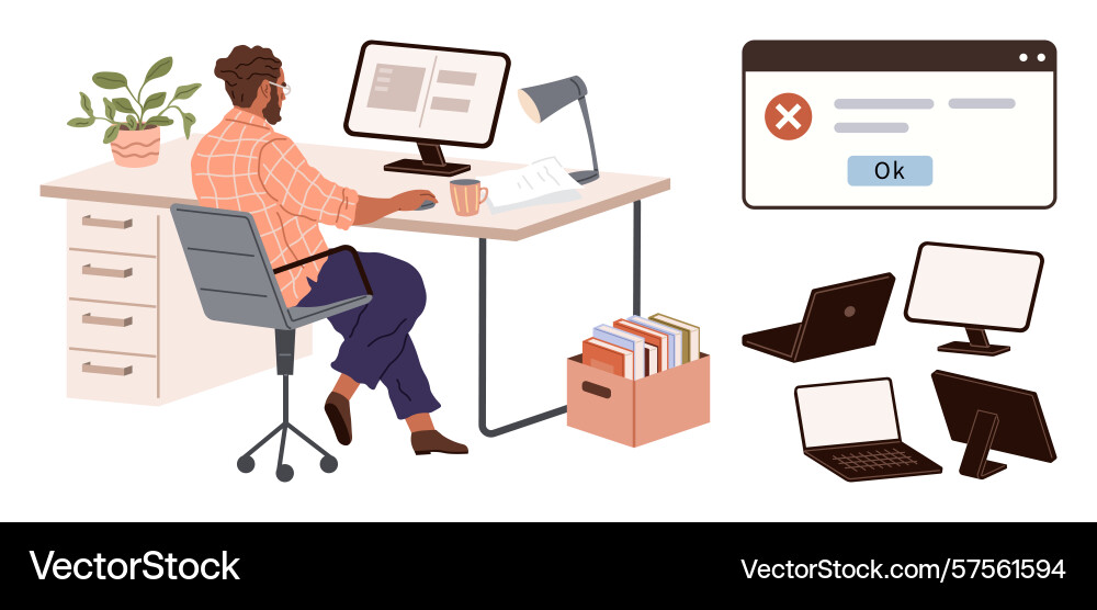 Mann gegenüber Computer-Fehler Popup während der Arbeit Mann gegenüber Computer-Fehler Popup während der Arbeit vektorbild