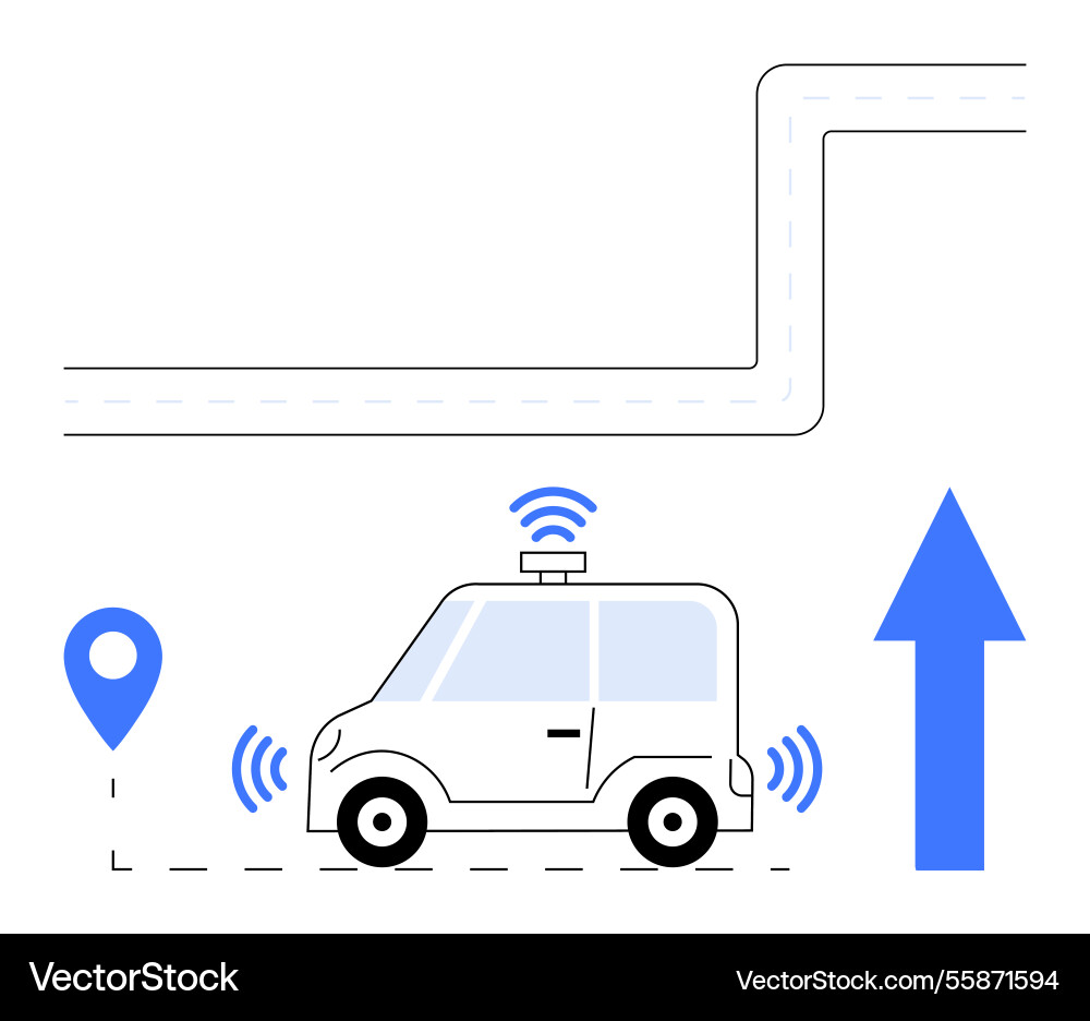 Self-driving car on route with navigation markers Self-driving car on route with navigation markers Vector Image