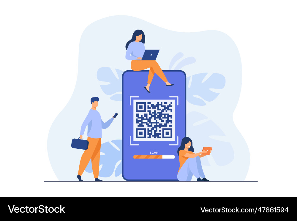 Tiny people using qr code for online payment Tiny people using qr code for online payment vector image