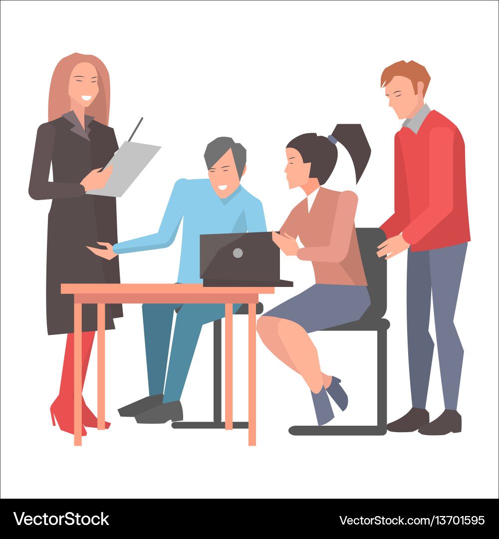 People resolving issues on computer in startup People resolving issues on computer in startup Vector Image