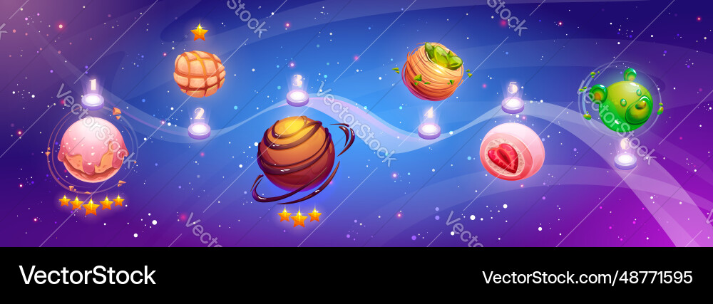 Space game ui level map with sweet dessert planets vector image