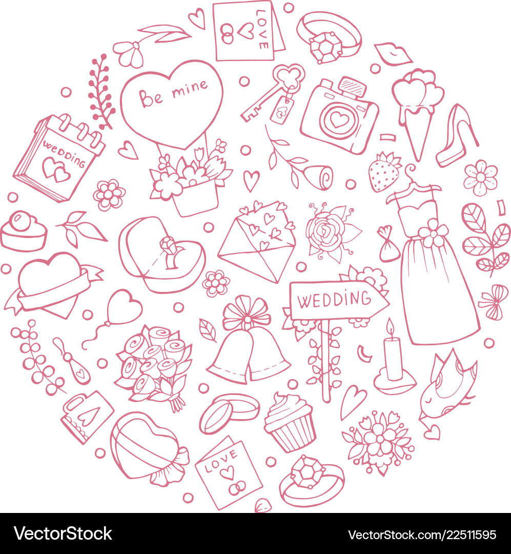 Wedding symbols in circle shape vector image