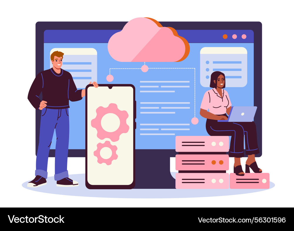 Cloud computing teamwork concept scene Cloud computing teamwork concept scene vector image