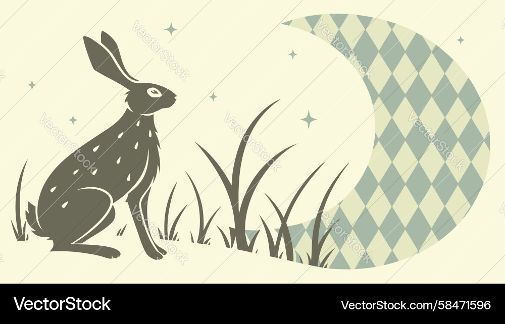 Moonlit Rabbit in Argyle Field Vector Image