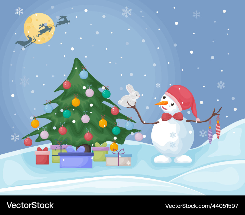 A snowman near the christmas tree cute A snowman near the christmas tree cute vector image