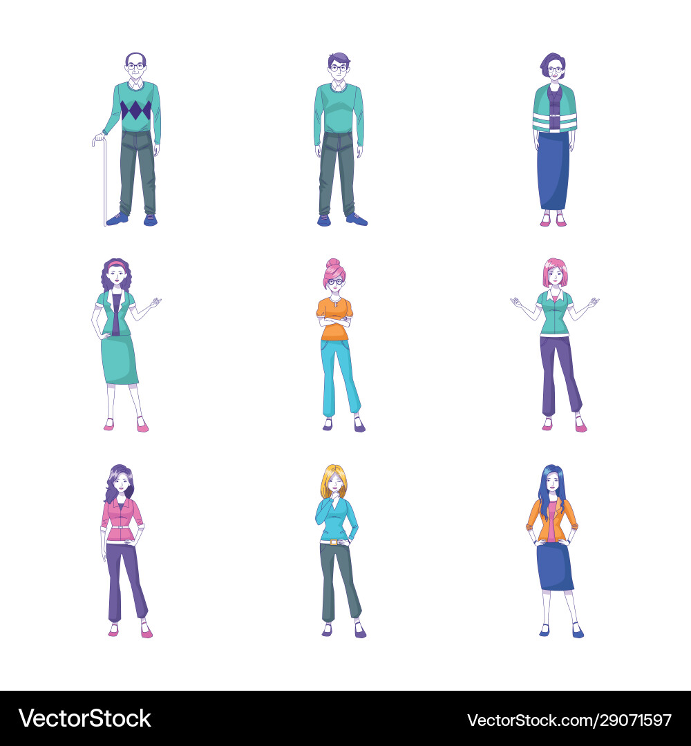 Icon set cartoon people standing wearing casual Icon set cartoon people standing wearing casual vector image