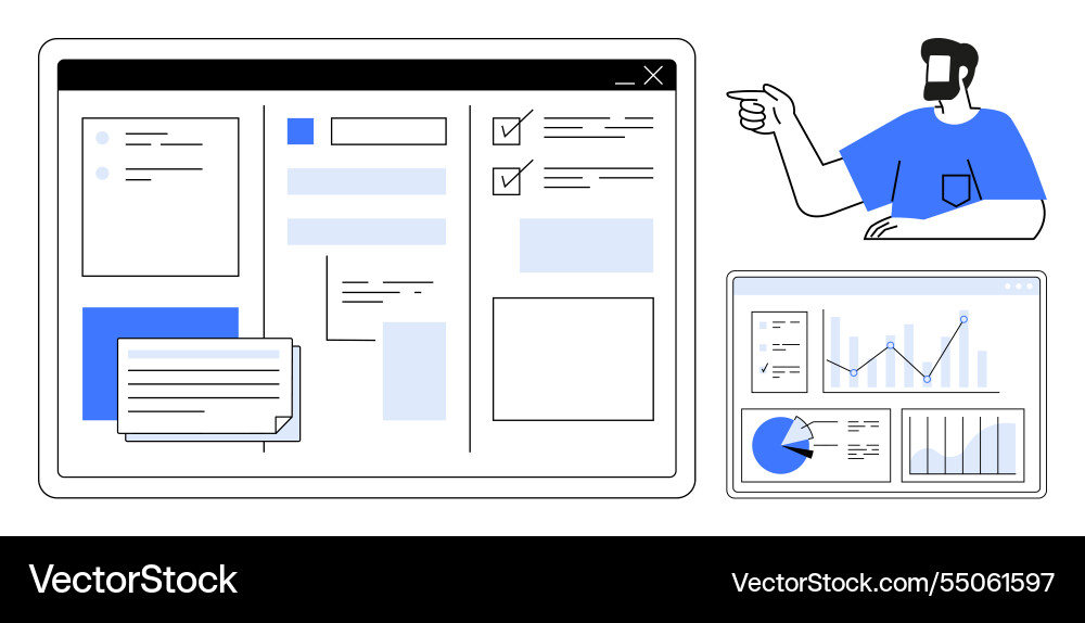 Man presenting data analysis and task management Man presenting data analysis and task management vector image