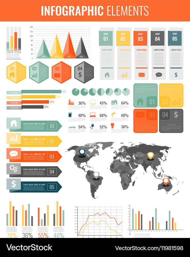 Infographic elements with world map and charts Infographic elements with world map and charts vector image