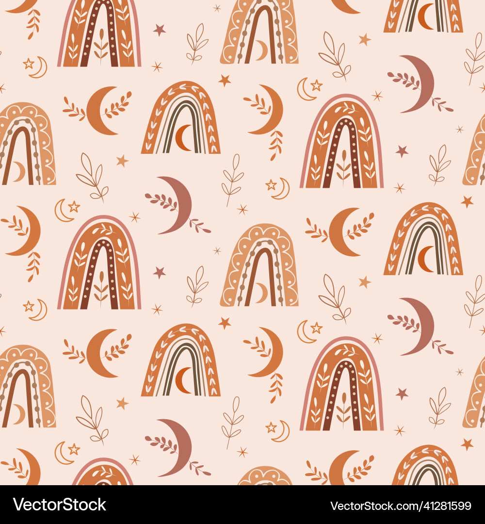 Boho rainbow seamless pattern with moon vector image