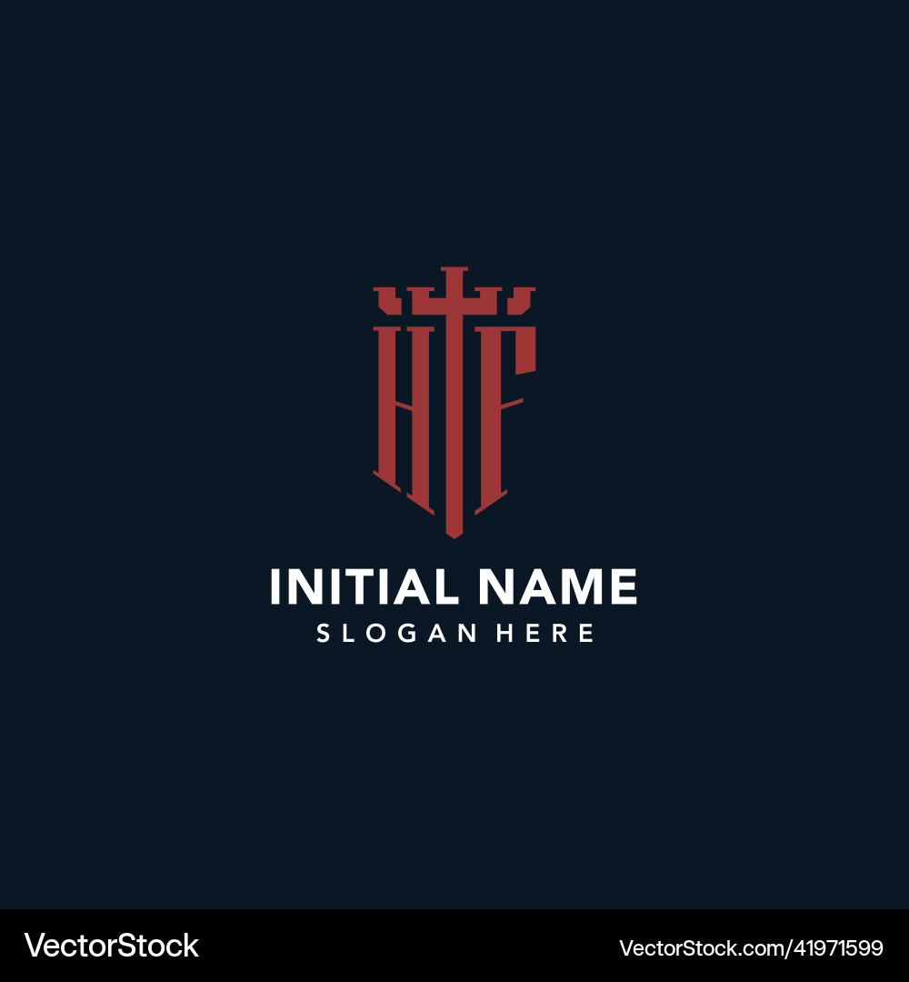 Hf initial monogram logos with sword and shield Hf initial monogram logos with sword and shield Vector Image