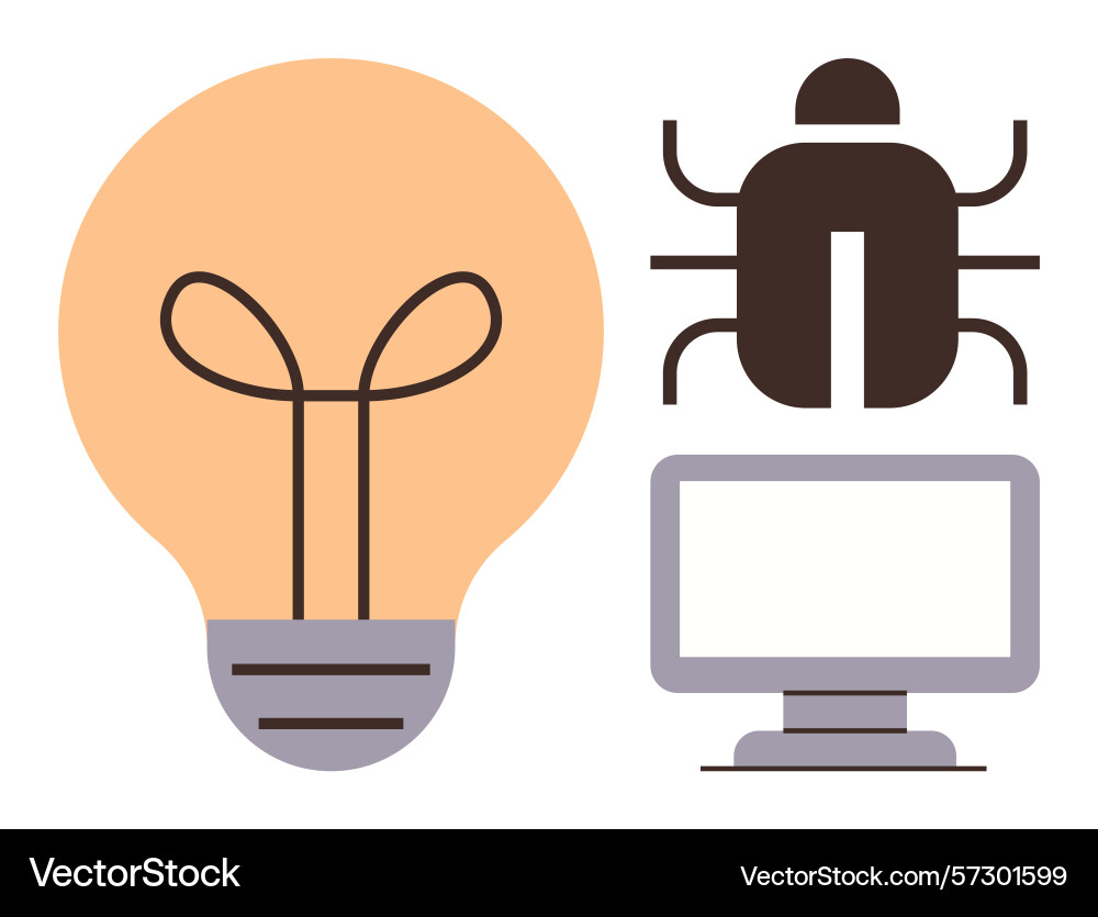 Light bulb with bug and computer symbolizing ideas Light bulb with bug and computer symbolizing ideas vector image