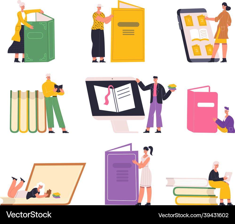 People studying and learning reading library paper vector image