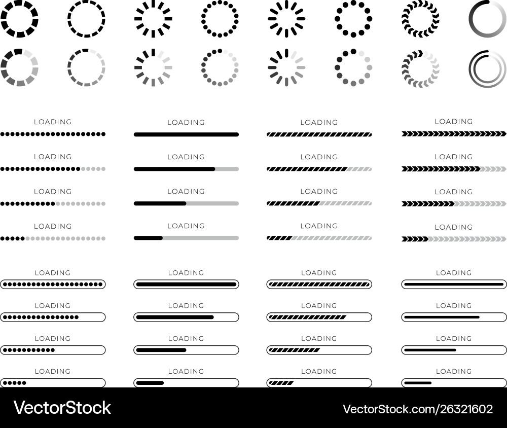 Set loading bar progress icons isolated on white Set loading bar progress icons isolated on white vector image