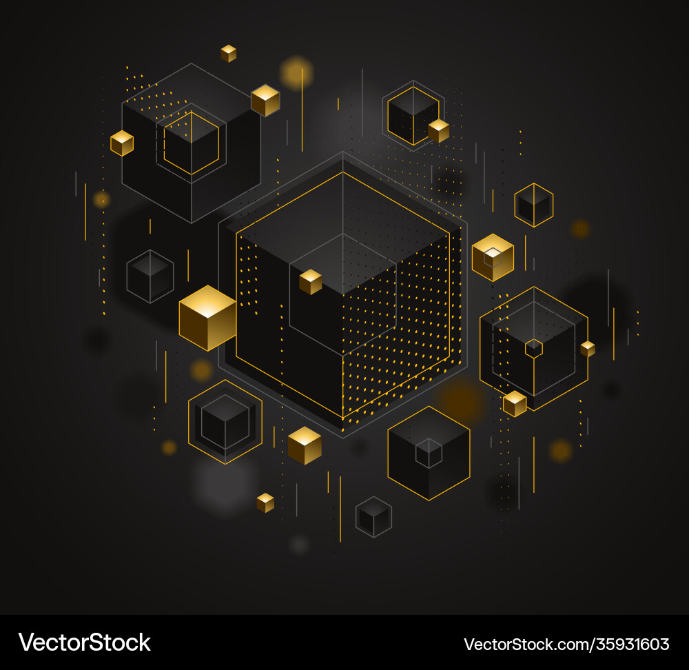 Cubes cluster with golden elements lines and dots Cubes cluster with golden elements lines and dots vector image