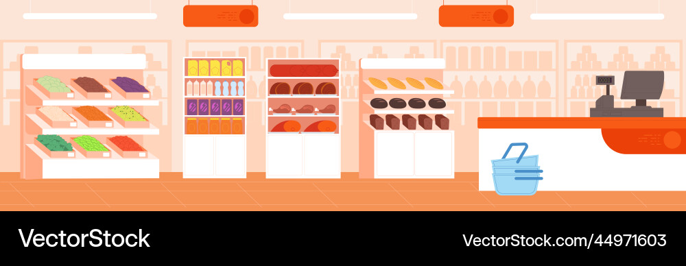 Empty supermarket interior grocery market Empty supermarket interior grocery market vector image