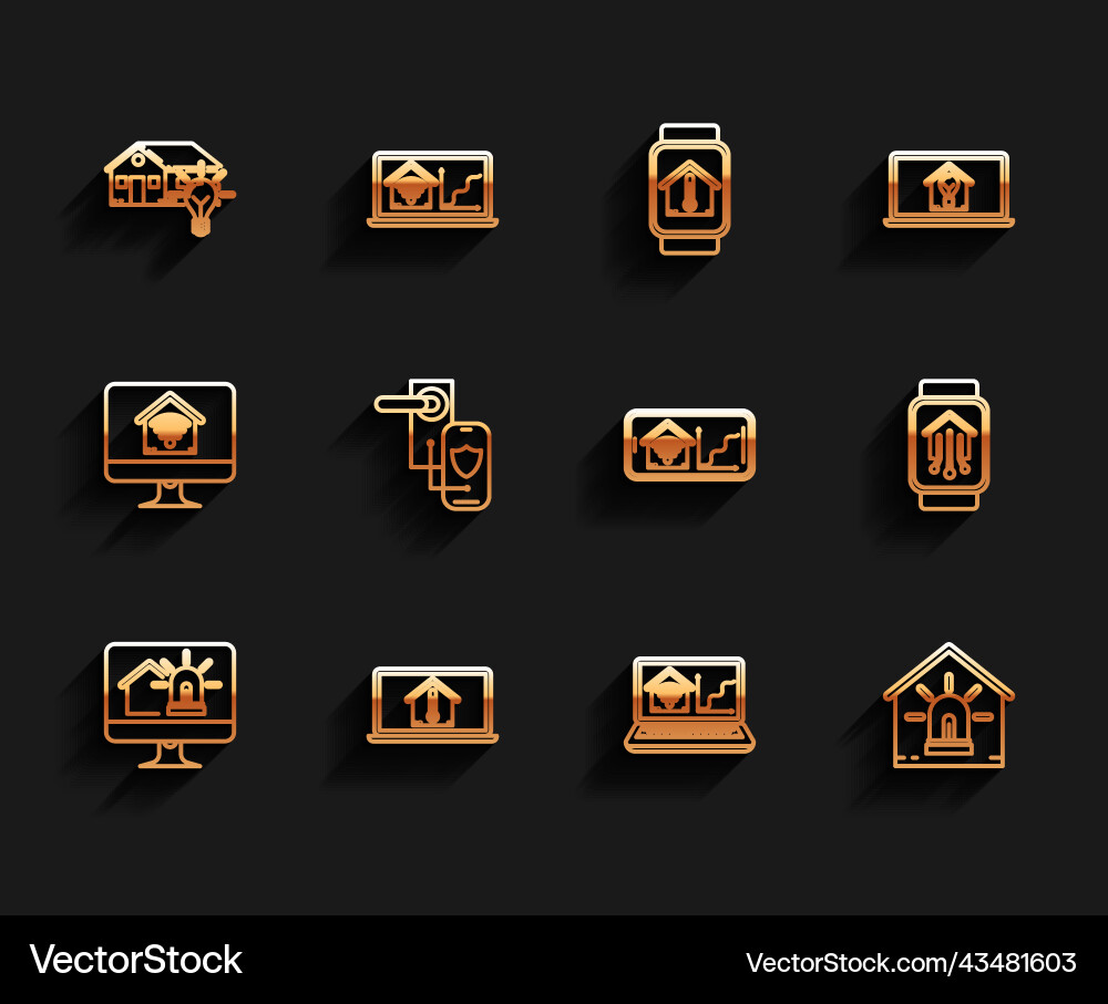 Set line computer monitor with smart house Set line computer monitor with smart house Vector Image