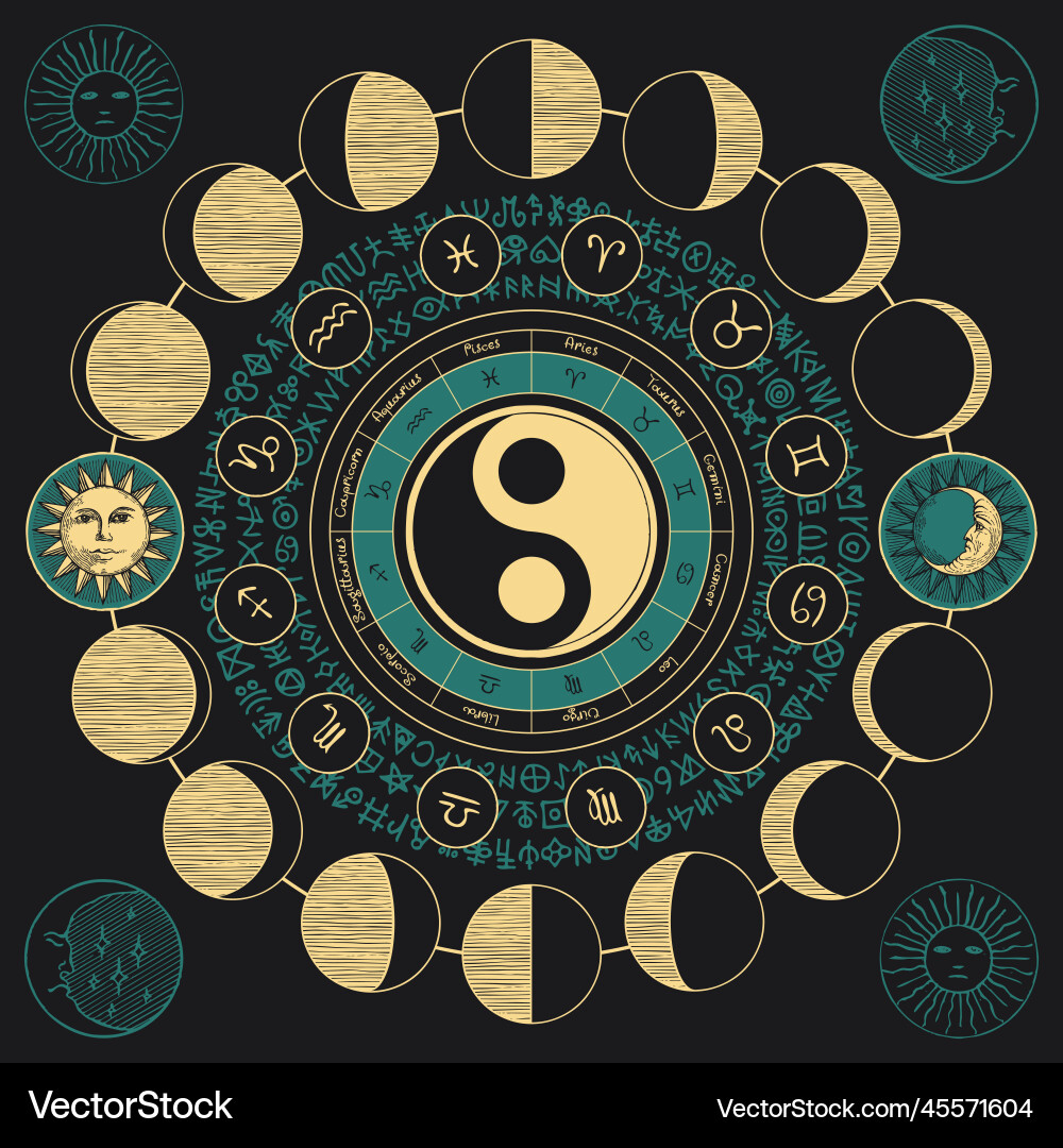 Circle of zodiac signs with hand-drawn yin yang vector image