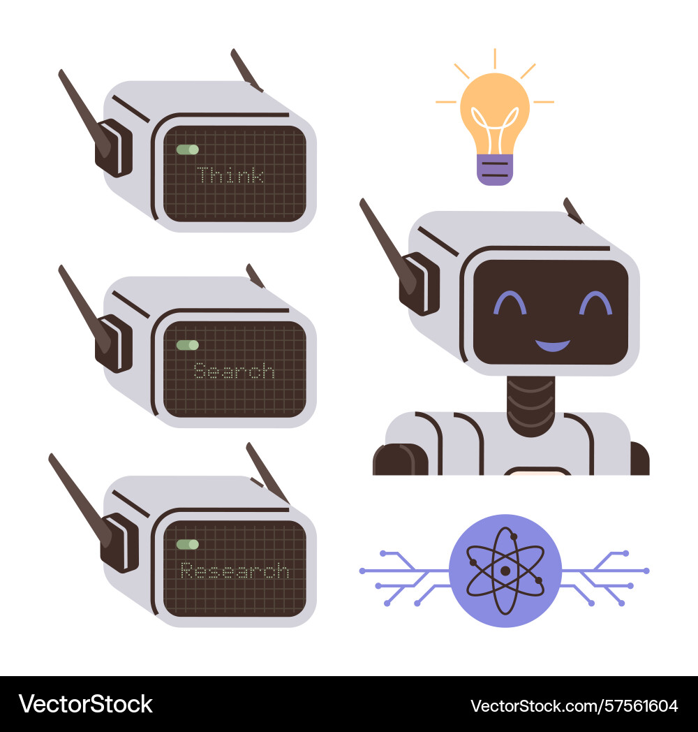 Friendly robot exploring thinking searching Friendly robot exploring thinking searching vector image