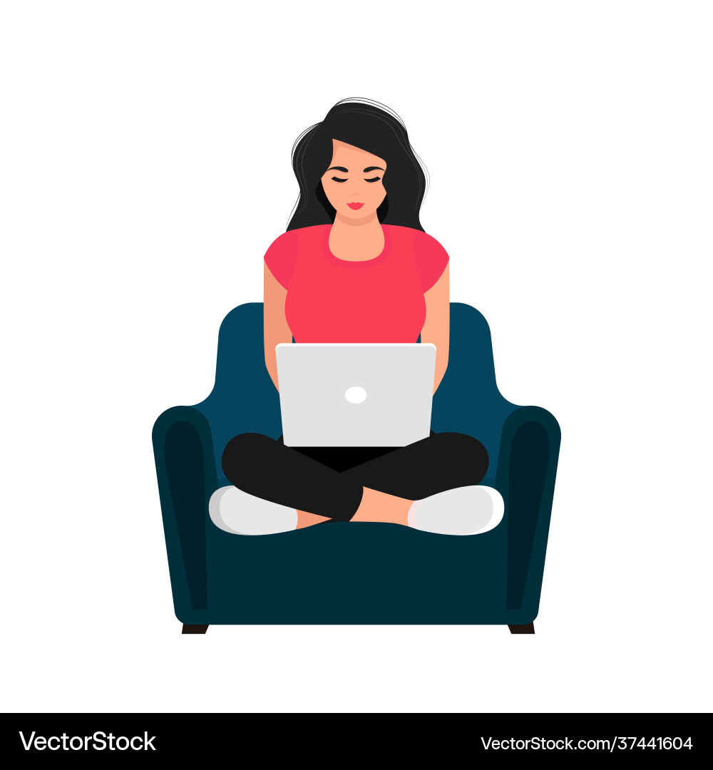 Working studying at home girl with laptop sitting Working studying at home girl with laptop sitting vector image