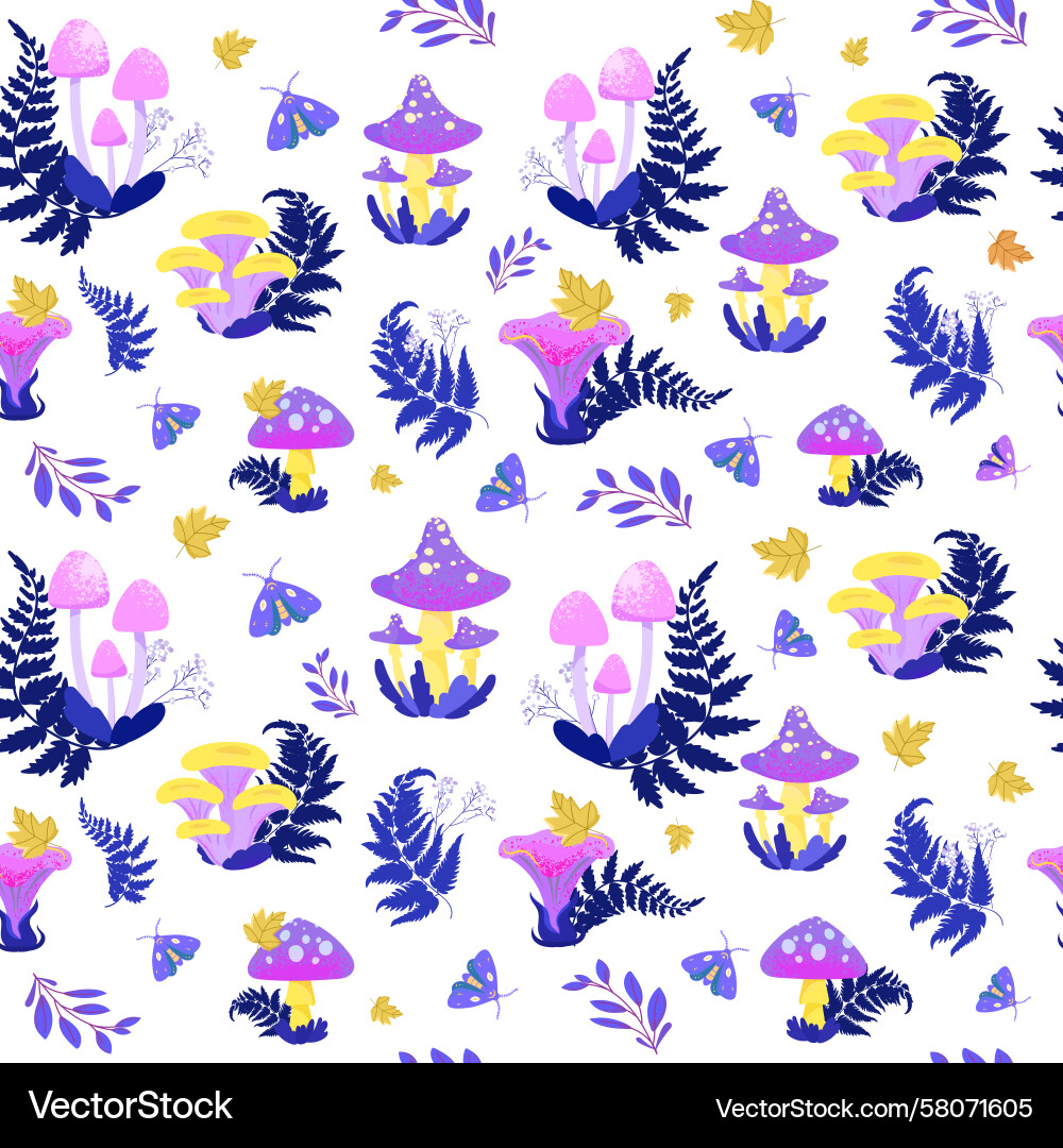 Mushroom Forest Pattern - Seamless Vector Image