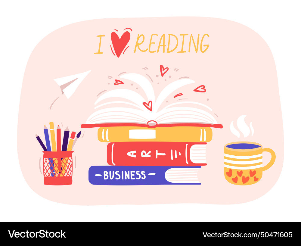 Reading books stack of library with hand Vector Image