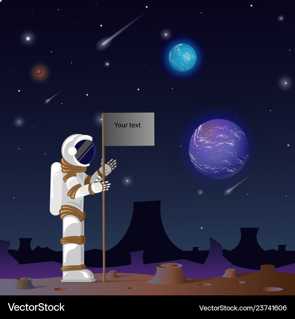 An astronaut on a distant planet sets flag vector image