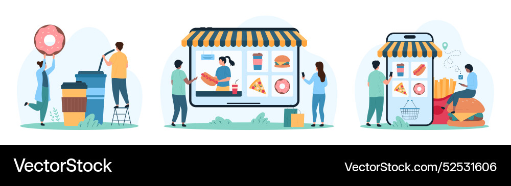 Fast food order in mobile app and delivery tiny Vector Image