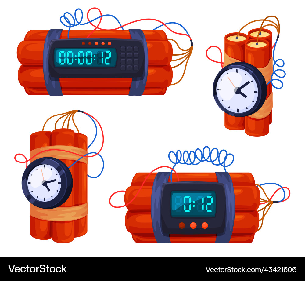 Set of dynamite and explosives with timers Set of dynamite and explosives with timers Vector Image
