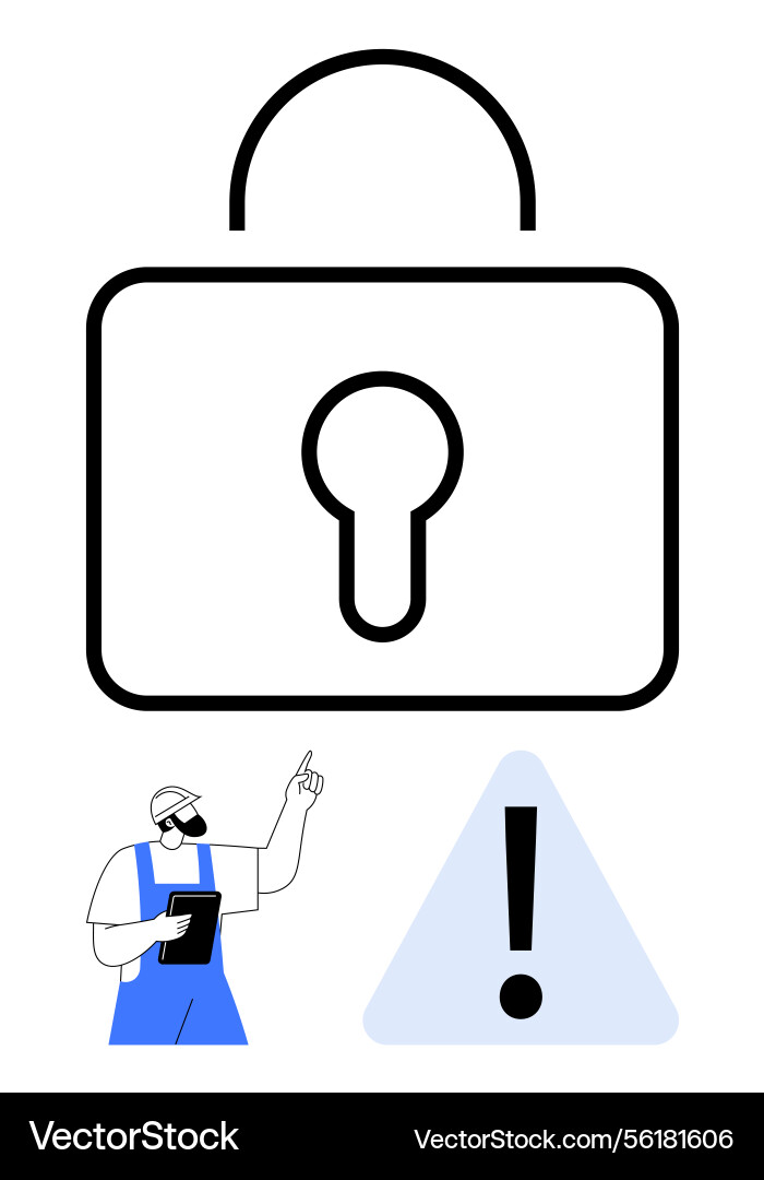 Worker checking security measures with lock Worker checking security measures with lock vector image