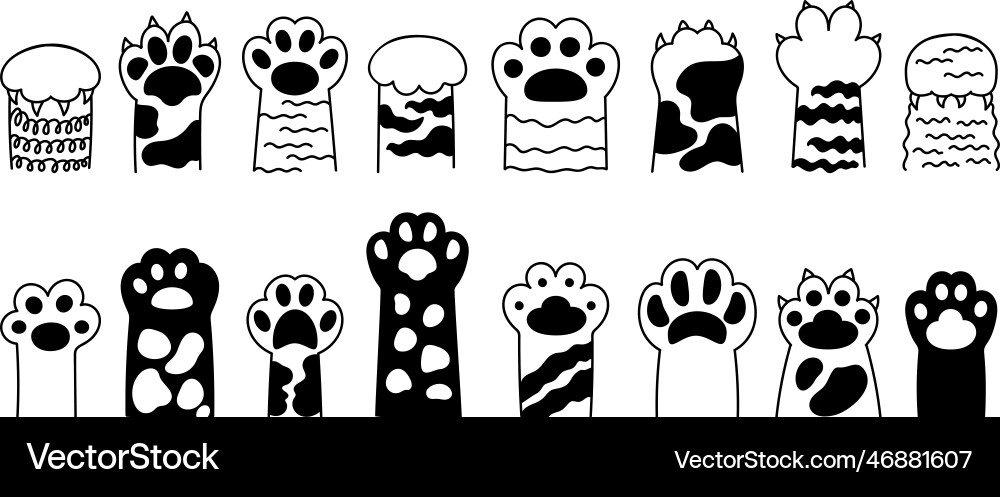 Cat different black paws cartoon paw icons Cat different black paws cartoon paw icons vector image