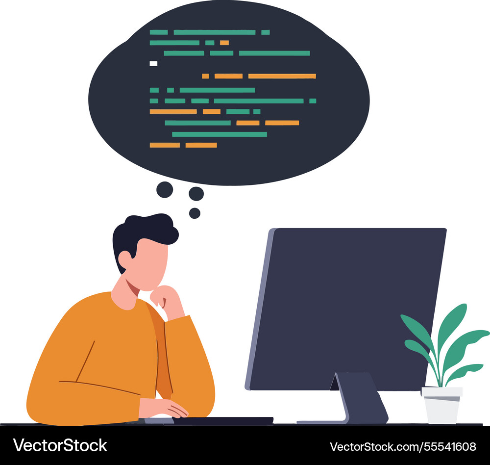 Person thinking deeply while looking at computer Person thinking deeply while looking at computer vector image