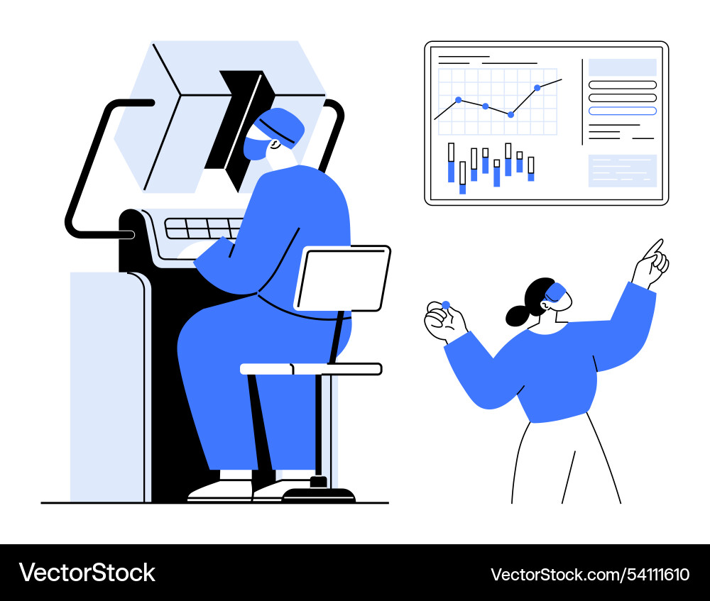 Data analysts working with computer and overhead Vector Image