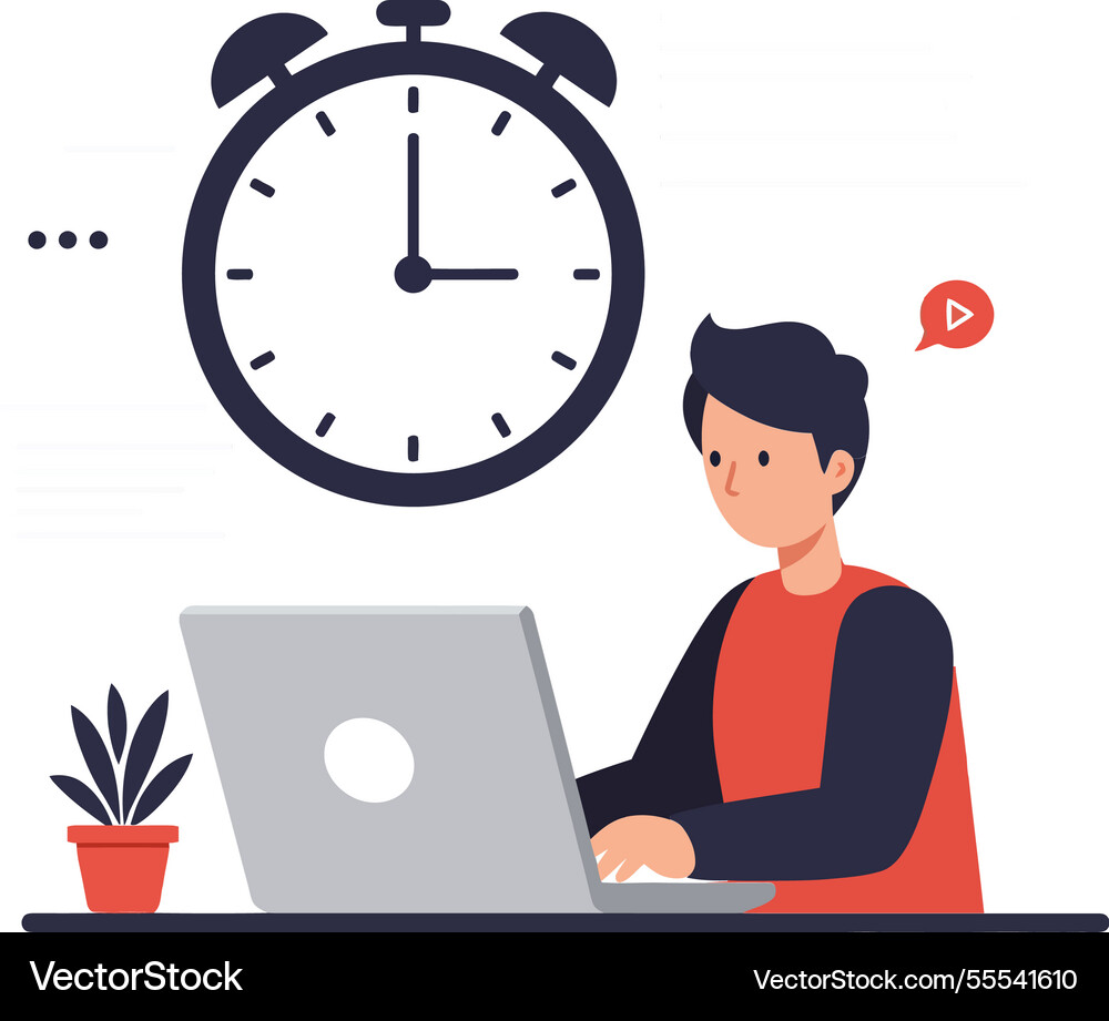 Man working on laptop while observing a clock Man working on laptop while observing a clock vector image