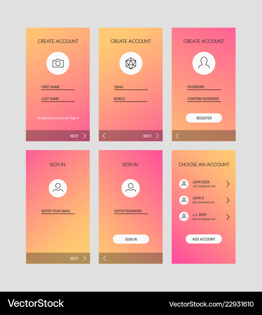 Mobile app ui sign in and up screens mockup Vector Image