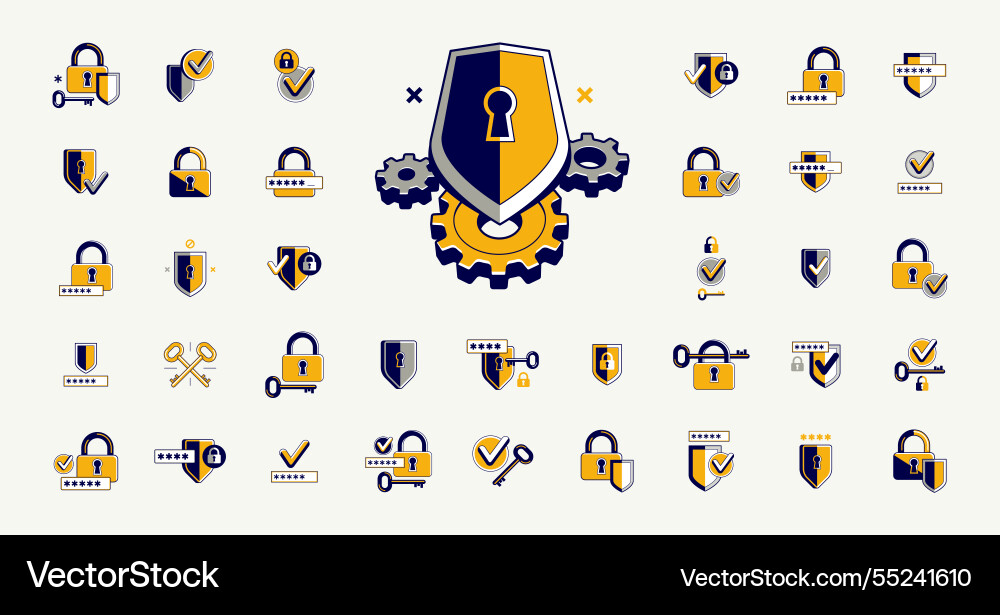 Password access shield and padlock with key Password access shield and padlock with key vector image