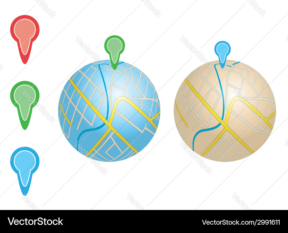 City maps with river and pointers on globes Vector Image