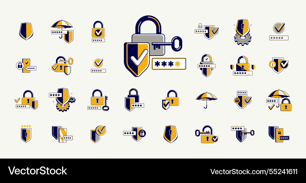 Password access shield and padlock with key Password access shield and padlock with key vector image