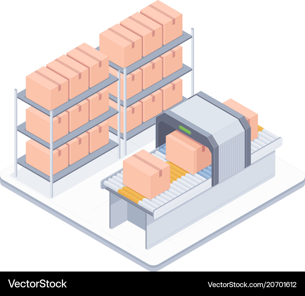 Automated packaging conveyor belt isometric Automated packaging conveyor belt isometric vector image