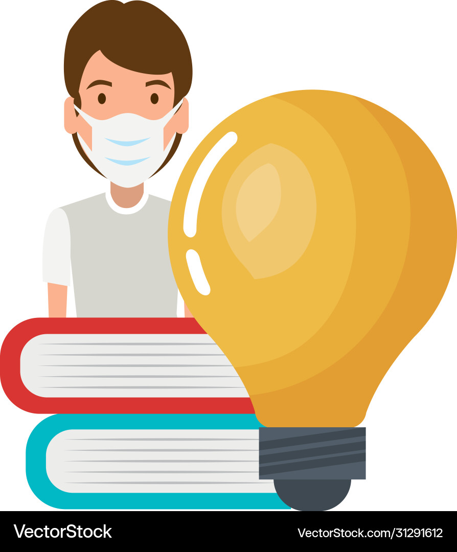 Man using face mask with books and light bulb Man using face mask with books and light bulb Vector Image