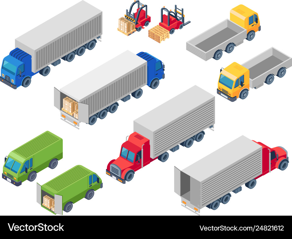 Trucking logistic isometric trucks loading truck Trucking logistic isometric trucks loading truck vector image
