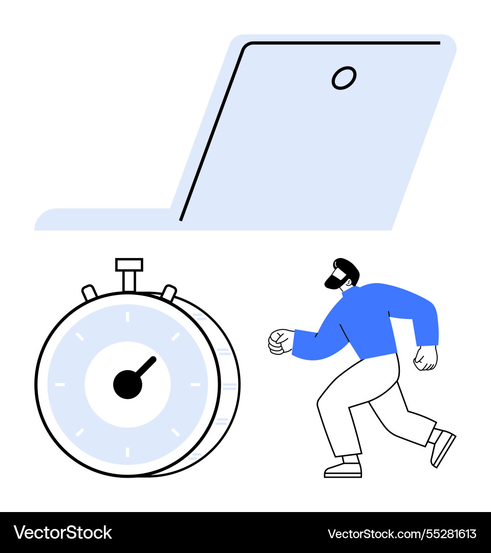 Man running towards a clock beneath laptop Man running towards a clock beneath laptop Vector Image