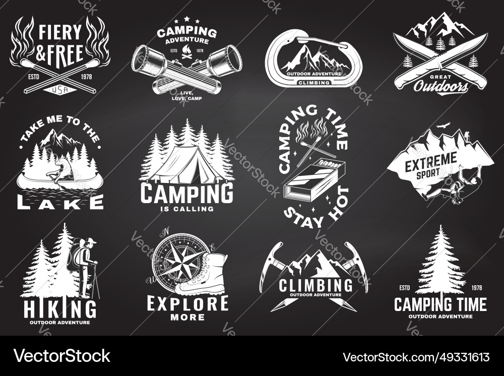 Set of outdoor adventure sticker on chalkboard vector image