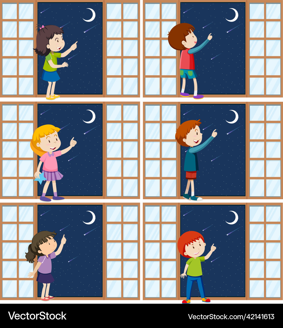 Set von verschiedenen Kindern Zeigefinger zum Mond Set von verschiedenen Kindern Zeigefinger zum Mond vektorbild