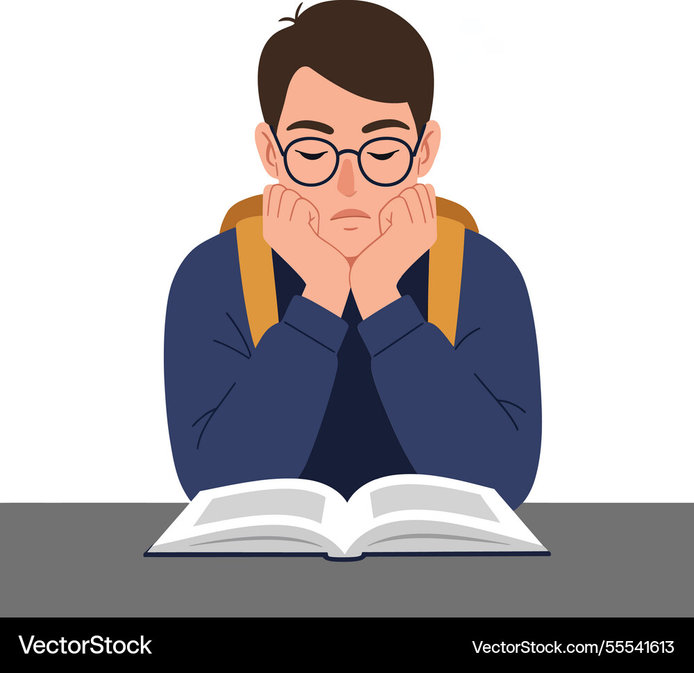 Student with glasses appears bored while reading Vector Image