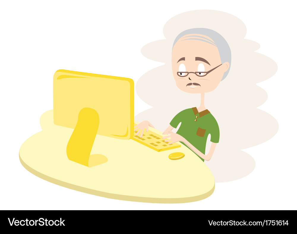 Happy old man using computer vector image