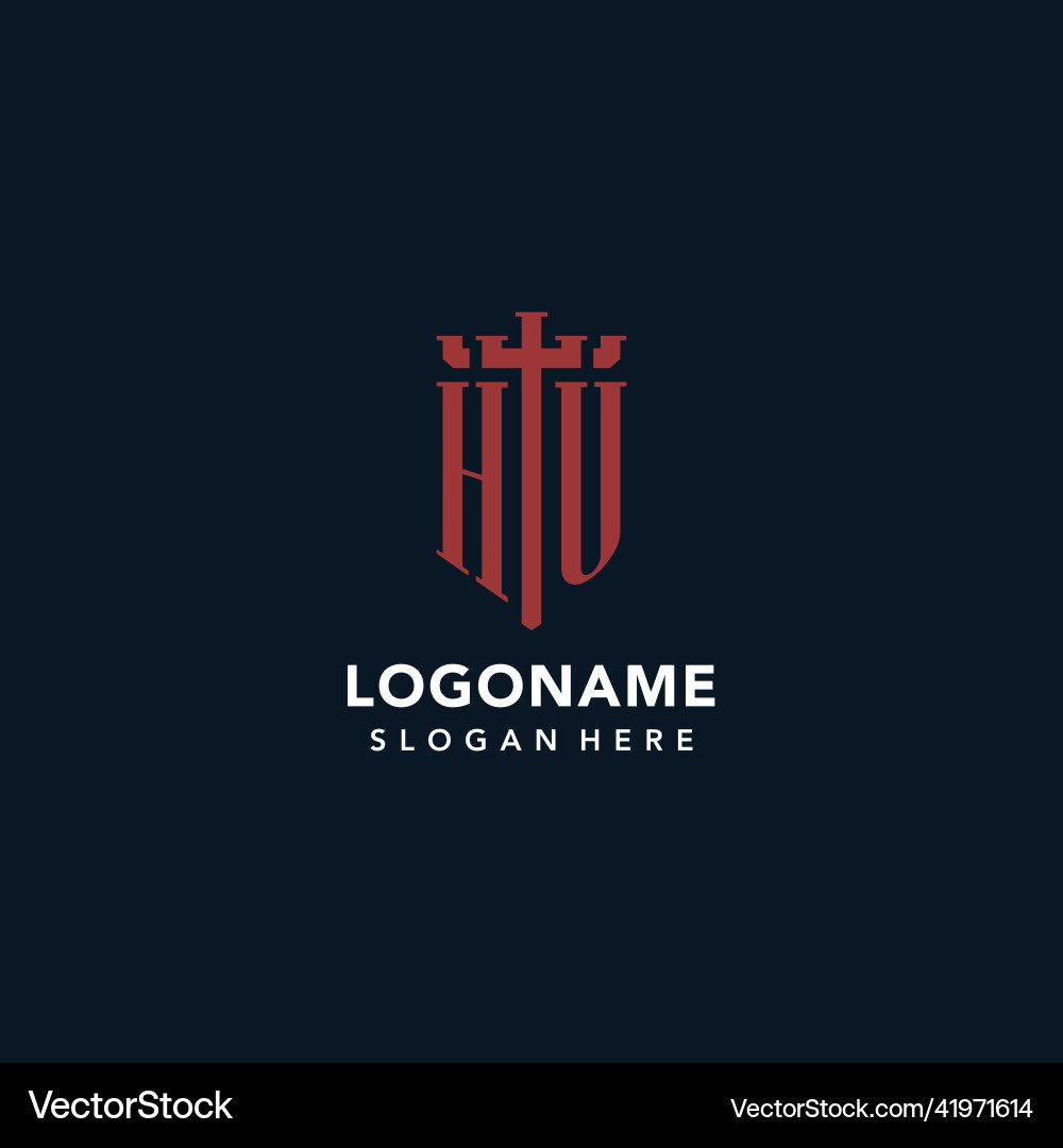 Hu initial monogram logos with sword and shield Hu initial monogram logos with sword and shield Vector Image