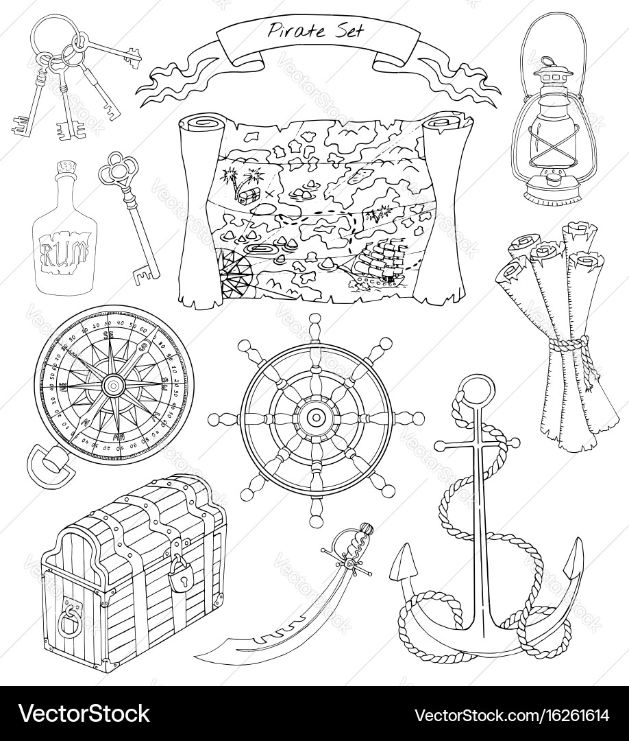 Pirate Objects Coloring Set vector image