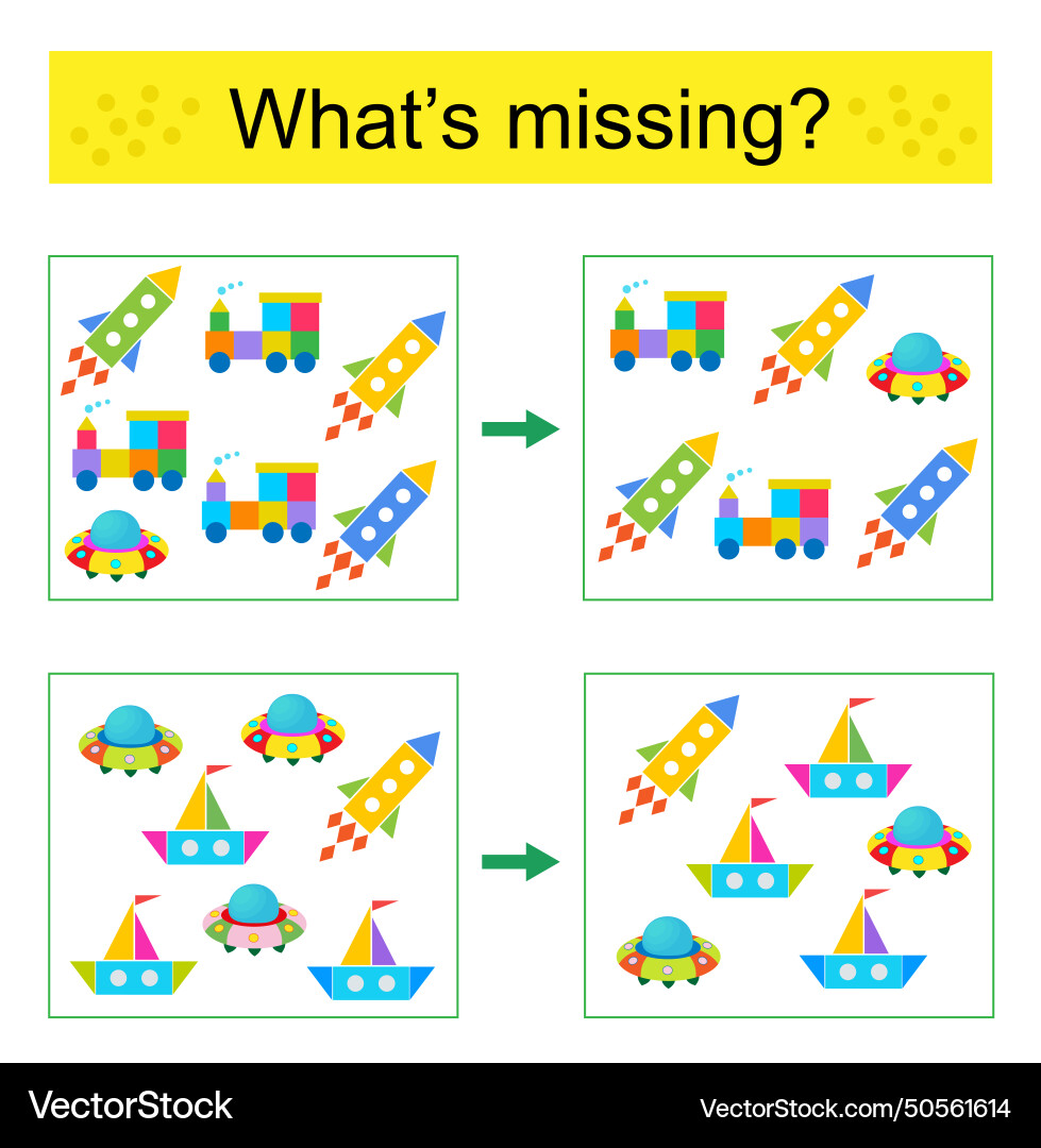 Puzzle game find the missing object Puzzle game find the missing object vector image